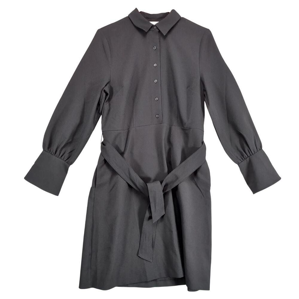 Lark & Ro Black Tie Waist Long Sleeve Shirt Dress Sz 6 Stretch Big Cuffs Career